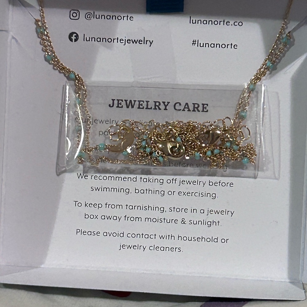 LUNA NORTE Bow And Heart Charm Necklace Set With Genuine Aquamarine NWTS - Picture 10 of 12
